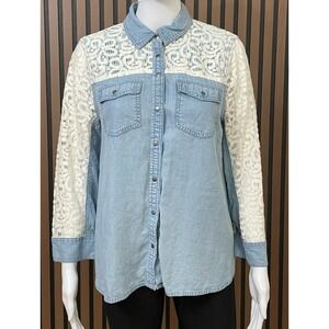 9-H15 STCL  Anthropologie Women's 6 Blue‎ Button-Up Denim Shirt Postmark Boho